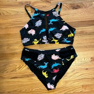 4X Dinosaur Print 2pc bathing suit. Black & colorful & Jurassic. Mod Fit Flare